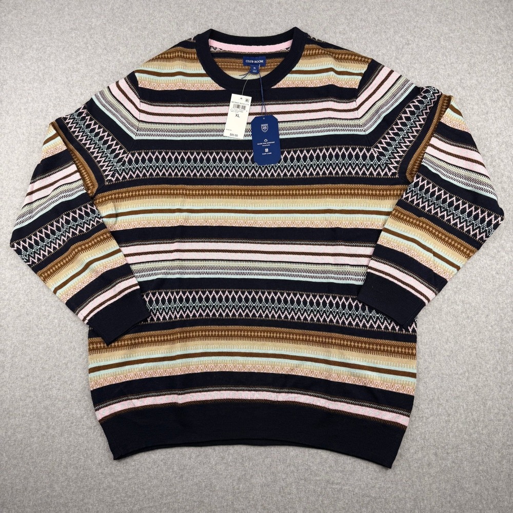 Club Room Mens Merino Novelty Sweater XL Navy Blue Striped Geometric 100209316MN